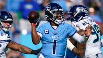 Nov 23, 2025; Nashville, Tennessee, USA; Tennessee Titans quarterback Cam Ward (1) looks to pass during the first quarter against the Seattle Seahawks at Nissan Stadium. Mandatory Credit: Denny Simmons-USA TODAY Network via Imagn Images