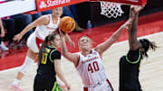 Nebraska center Alexis Markowski shoots against Oregon at Pinnacle Bank Arena on Feb. 19. She scored a career-high 35 points in the overtime win.