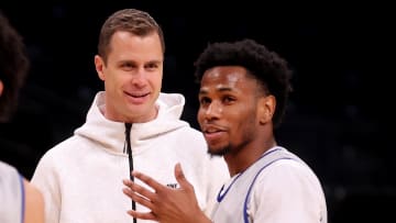 Mar 21, 2024; Brooklyn, NY, USA; Duke basketball head coach Jon Scheyer and point guard Jeremy Roach