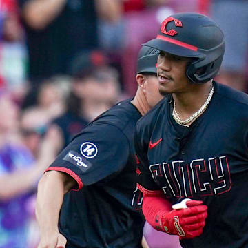 Cincinnati Reds third baseman Noelvi Marte (16) runs the bases after hitting a home run in the third inning of a MLB game between the Cincinnati Reds and Colorado Rockies, Friday, July 11, 2025, at Great American Ball Park in Downtown Cincinnati.