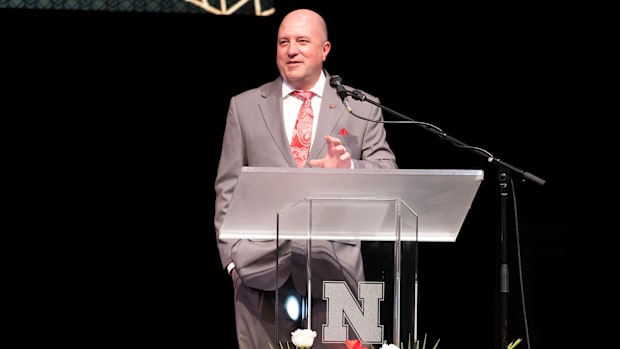 Nebraska athletic director Troy Dannen speaks at the annual "A Night At The Lied" event April 28, 2024.