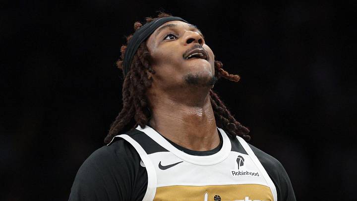 Apr 5, 2026; Brooklyn, New York, USA; Washington Wizards guard Jamir Watkins (5) reacts after making a three point basket during the second half against the Brooklyn Nets at Barclays Center. Mandatory Credit: Vincent Carchietta-Imagn Images