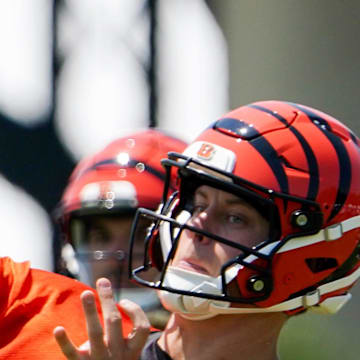Cincinnati Bengals quarterback Joe Burrow throws a pass during a scrimmage, Wednesday, June 11, 2025, at Kettering Health Practice Fields in Downtown Cincinnati.