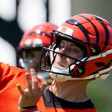 Cincinnati Bengals quarterback Joe Burrow throws a pass during a scrimmage, Wednesday, June 11, 2025, at Kettering Health Practice Fields in Downtown Cincinnati.