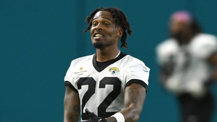 Jacksonville Jaguars cornerback Jarrian Jones (22) jokes with teammates during drills at Monday's mandatory minicamp session. The Jacksonville Jaguars let most of the veterans off from participating in Monday's mandatory minicamp session held in the air conditioned enclosed field at EverBank Stadium's Miller Electric Center in Jacksonville, Fla. June 10, 2024. [Bob Self/Florida Times-Union]