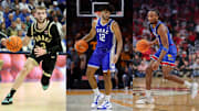 Braden Smith (left), Cameron Boozer (center) and Darryn Peterson (right) all could be in the running to college basketball’s National Player of the Year this season.