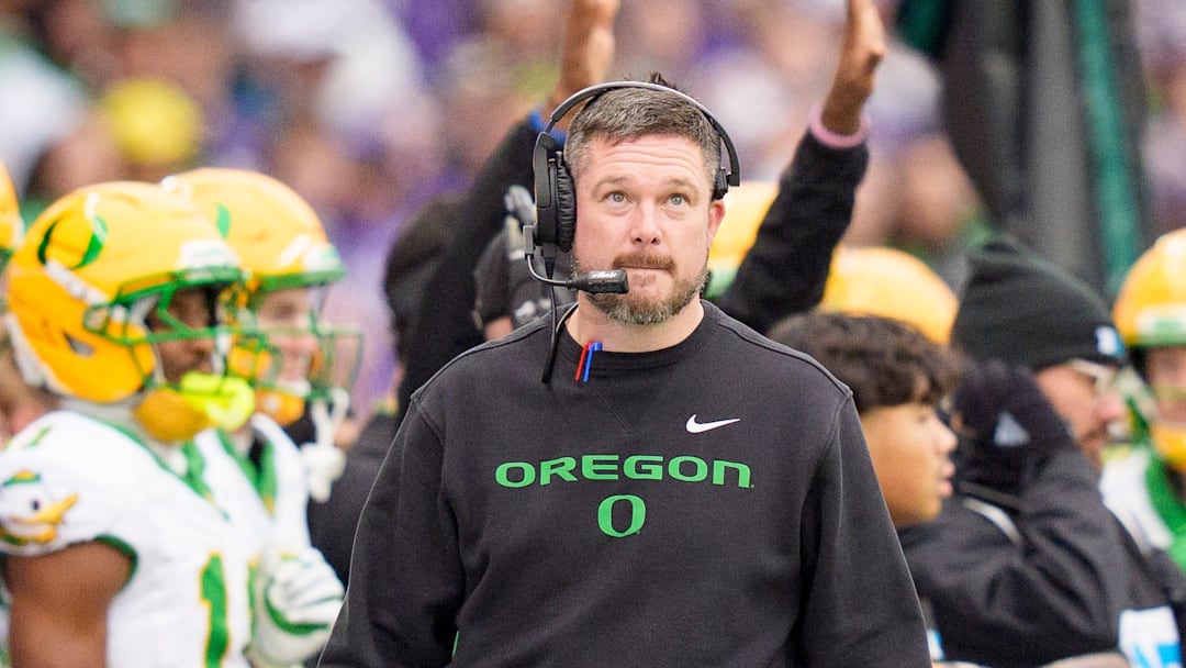 Oregon head coach Dan Lanning walks the sideline as the Oregon Ducks take on the Washington Huskies on Nov. 29, 2025, at Husky Stadium in Seattle, Washington. Oregon head coach Dan Lanning walks the sideline as the Oregon Ducks take on the Washington Huskies on Nov. 29, 2025, at Husky Stadium in Seattle, Washington.
