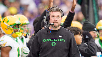 Oregon head coach Dan Lanning walks the sideline as the Oregon Ducks take on the Washington Huskies on Nov. 29, 2025, at Husky Stadium in Seattle, Washington.