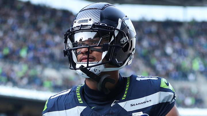 Nov 9, 2025; Seattle, Washington, USA;  Seattle Seahawks wide receiver Jaxon Smith-Njigba (11) celebrates after scoring a touchdown during the first quarter against the Arizona Cardinals at Lumen Field. Mandatory Credit: Kevin Ng-Imagn Images