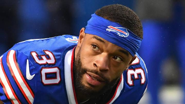 Dec 17, 2023; Orchard Park, New York, USA; Buffalo Bills cornerback Dane Jackson (30) warms up before a game against the Dallas Cowboys at Highmark Stadium. Mandatory Credit: Mark Konezny-Imagn Images