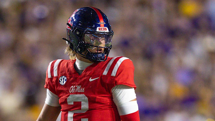 Oct 12, 2024; Baton Rouge, Louisiana, USA; Mississippi Rebels quarterback Jaxson Dart (2) looks on against the LSU Tigers during the first half at Tiger Stadium. Mandatory Credit: Stephen Lew-Imagn Images Oct 12, 2024; Baton Rouge, Louisiana, USA; Mississippi Rebels quarterback Jaxson Dart (2) looks on against the LSU Tigers during the first half at Tiger Stadium. Mandatory Credit: Stephen Lew-Imagn Images