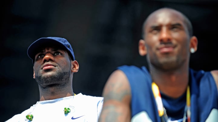 Aug. 19, 2008; Beijing, CHINA; USA basketball players Lebron James (left) and Kobe Bryant in attendance to watch USA against Brazil during the womens beach volleyball semi finals at the Chaoyang Park Beach Volleyball Ground in the 2008 Beijing Olympic Games. The United States won the match to advance to the gold medal game against China. Mandatory Credit: Mark J. Rebilas-USA TODAY Sports