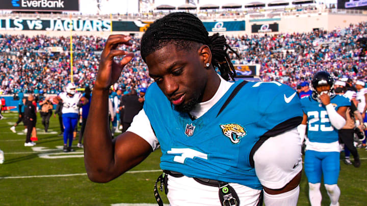 Jacksonville Jaguars wide receiver Brian Thomas Jr. (7) walks off the field after losing to the Bills during an NFL football AFC Wild Card playoff matchup, Sunday, Jan. 11, 2026, in Jacksonville, Fla. Bills lead 10-7 at the half over the Jaguars. The Bills defeated the Jaguars 27-24. [Doug Engle/Florida Times-Union]