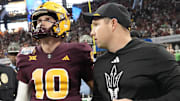 Arizona State quarterback Sam Leavitt (10) and Arizona State head coach Kenny Dillingham walk off the field after Texas won 39-31 in double overtime in the Chick-fil-A Peach Bowl in Atlanta on Jan. 1, 2025.