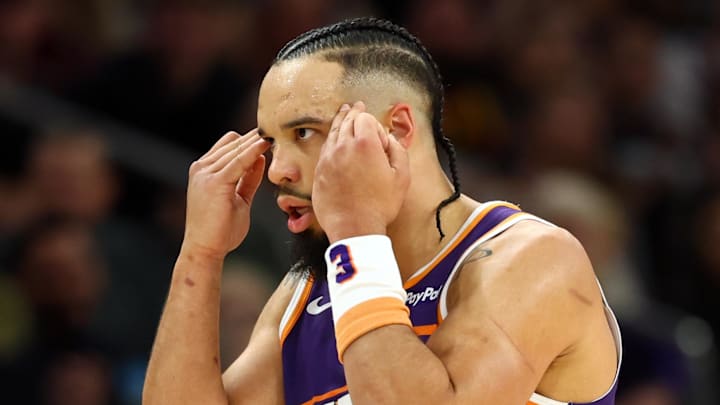 Jan 30, 2026; Phoenix, Arizona, USA; Phoenix Suns forward Dillon Brooks (3) reacts against the Cleveland Cavaliers at Mortgage Matchup Center. Mandatory Credit: Mark J. Rebilas-Imagn Images