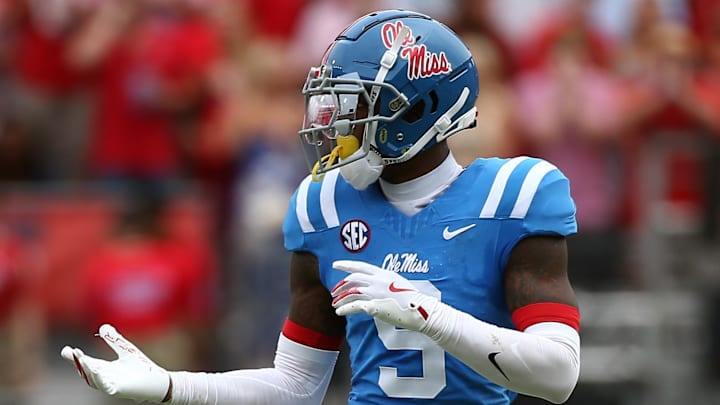 Sep 28, 2024; Oxford, Mississippi, USA; Mississippi Rebels defensive back Trey Amos (9) waits for the snap during the first half against the Kentucky Wildcats at Vaught-Hemingway Stadium. Mandatory Credit: Petre Thomas-Imagn Images