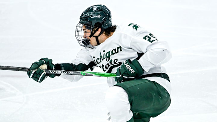 Michigan State's Gavin O'Connell takes a shot against New Hampshire during the second period on Thursday, Oct. 9, 2025, at Munn Ice Arena in East Lansing. Michigan State's Gavin O'Connell takes a shot against New Hampshire during the second period on Thursday, Oct. 9, 2025, at Munn Ice Arena in East Lansing.