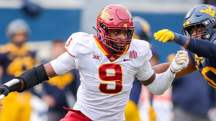 Oct 30, 2021; Morgantown, West Virginia, USA;Iowa State Cyclones defensive end Will McDonald IV (9) during the third quarter against the West Virginia Mountaineers at Mountaineer Field at Milan Puskar Stadium. Mandatory Credit: Ben Queen-Imagn Images Oct 30, 2021; Morgantown, West Virginia, USA;Iowa State Cyclones defensive end Will McDonald IV (9) during the third quarter against the West Virginia Mountaineers at Mountaineer Field at Milan Puskar Stadium. Mandatory Credit: Ben Queen-Imagn Images