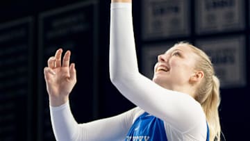 Kentucky Wildcats center Clara Strack (13) goes for a layup during the Kentucky Blue-White preseason event on Friday, Oct. 18, 2024 at the Memorial Coliseum.
