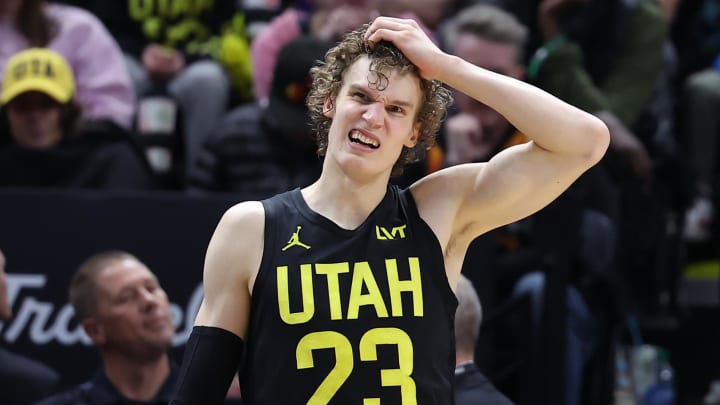 Mar 27, 2024; Salt Lake City, Utah, USA; Utah Jazz forward Lauri Markkanen (23) reacts to a play against the San Antonio Spurs during the fourth quarter at Delta Center. 