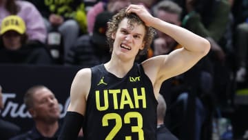 Mar 27, 2024; Salt Lake City, Utah, USA; Utah Jazz forward Lauri Markkanen (23) reacts to a play against the San Antonio Spurs during the fourth quarter at Delta Center. 