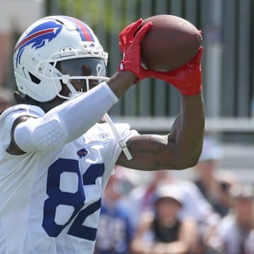 Bills wide receiver Kristian Wilkerson pulls in a pass during the second day of Buffalo Bills training camp at St. John Fisher University Thursday, July 24, 2025 in Pittsford.