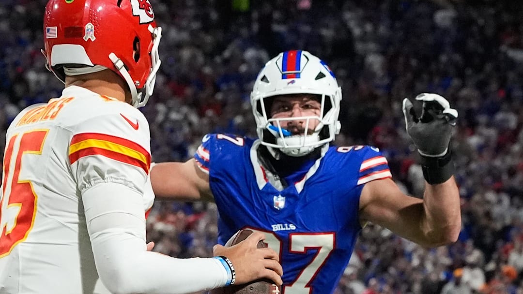 Buffalo Bills defensive end Joey Bosa (97) pressures Kansas City Chiefs quarterback Patrick Mahomes.