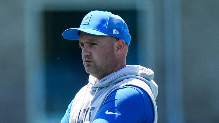 Detroit Lions offensive coordinator Drew Petzing, right, watches practice next to pass game specialist David Shaw during OTAs at Meijer Performance Center in Allen Park on Friday, May 29, 2026.