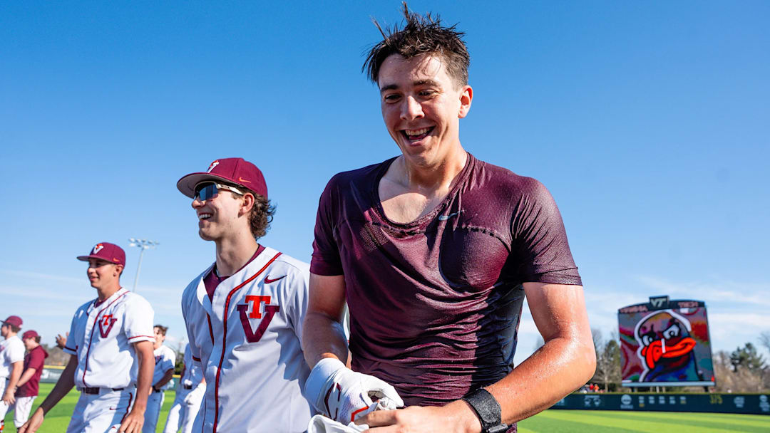 Sam Grube after hitting a walk-off single to secure the series win for Virginia Tech vs Duke in 2026.
