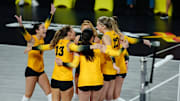 Iowa Volleyball celebrating a big play