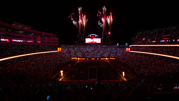 A light show and fireworks take over Memorial Stadium between the third and fourth quarters as Nebraska football hosts Michigan Oct. 9, 2021.