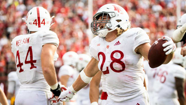 Nebraska linebacker Luke Reimer (28) celebrates a play against Buffalo.