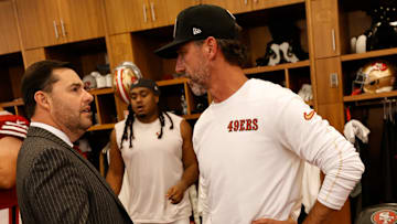 San Francisco 49ers CEO Jed York (L) and head coach Kyle Shanahan (R)