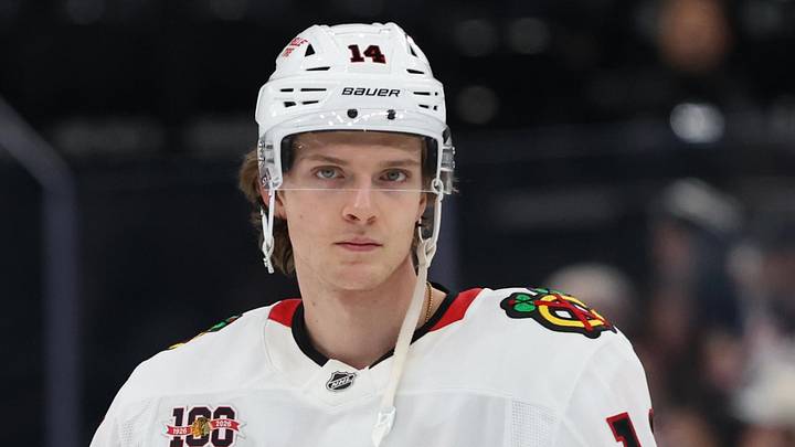 Mar 1, 2026; Salt Lake City, Utah, USA; Chicago Blackhawks defenseman Kevin Korchinski (14) warms up before a game against the Utah Mammoth at Delta Center. Mandatory Credit: Rob Gray-Imagn Images
