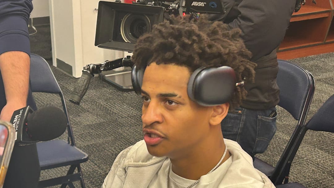 Nov 3, 2025; Syracuse, NY, USA; Syracuse Orange guard Kiyan Anthony speaks to the media following SU's win over Binghamton at the JMA Wireless Dome.