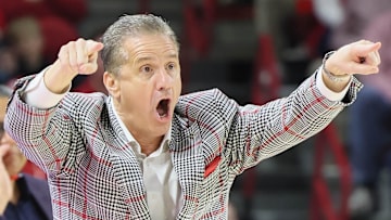 Arkansas Razorbacks head coach John Calipari during the first half against the Mississippi State Bulldogs at Bud Walton Arena. 