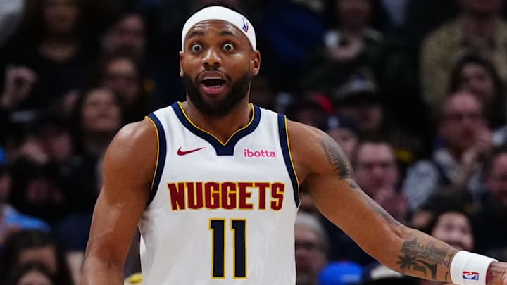 Jan 29, 2026; Denver, Colorado, USA; Denver Nuggets guard Bruce Brown (11) reacts in the second half against the Brooklyn Nets at Ball Arena. Mandatory Credit: Ron Chenoy-Imagn Images