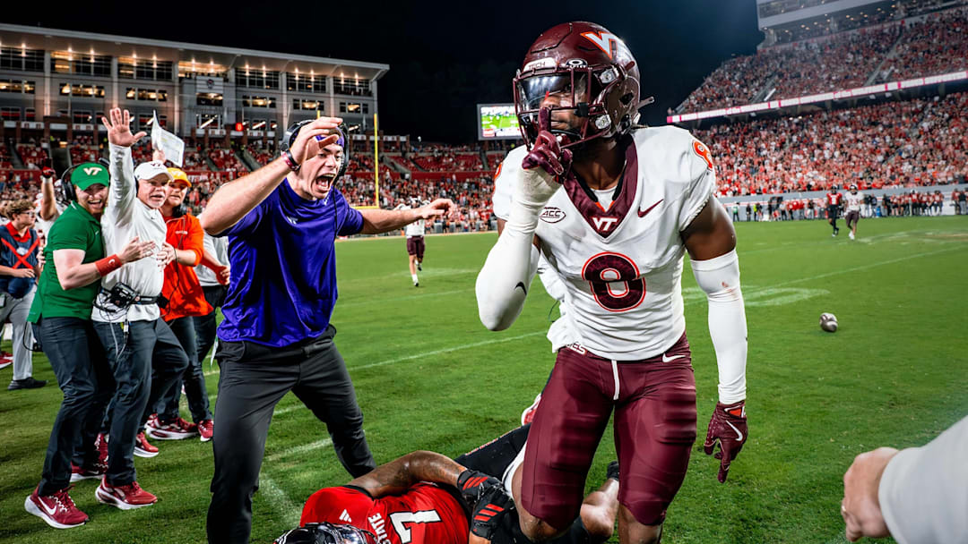 Sept. 27, 2025; Virginia Tech safety Christian Ellis shushes the crowd after a game-winning pass break up against N.C. State.