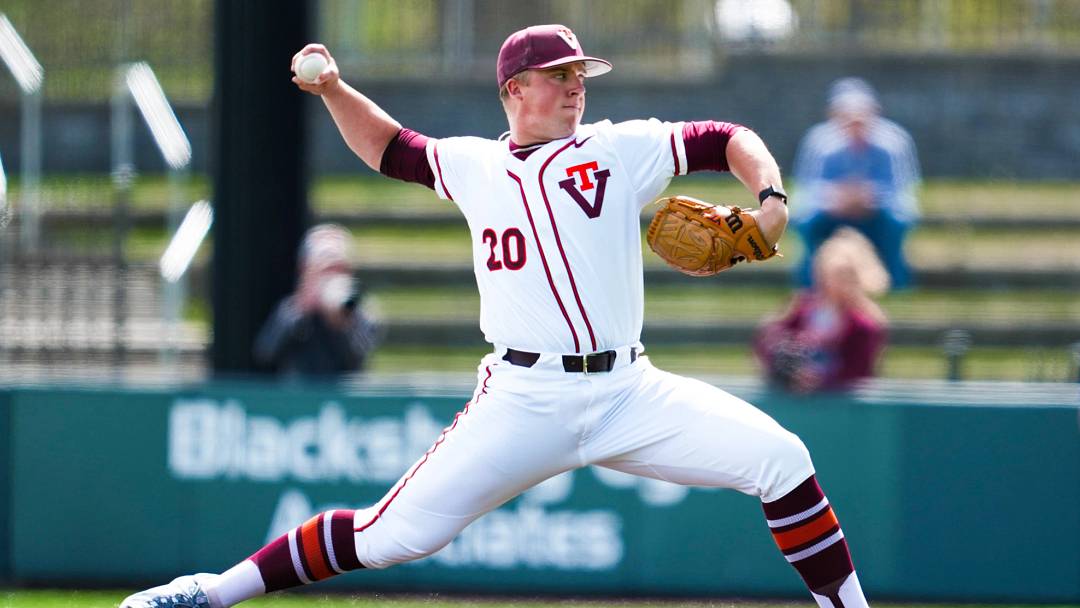 Blacksburg, VA — Preston Crowl delivers a pitch during game 3 vs Pitt, 2026.