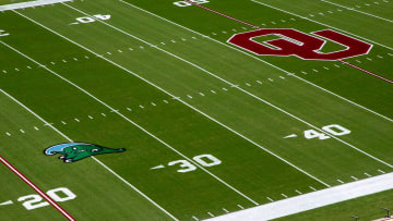 View of the playing surface at Gaylord Family-Oklahoma Memorial Stadium in Norman, home of the Oklahoma football Sooners/