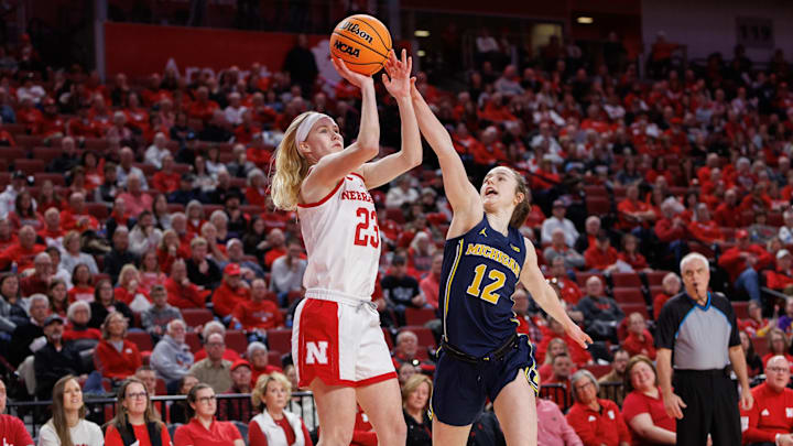 Nebraska guard Britt Prince shoots against Michigan at Pinnacle Bank Arena on Feb. 6, 2025. Nebraska guard Britt Prince shoots against Michigan at Pinnacle Bank Arena on Feb. 6, 2025.
