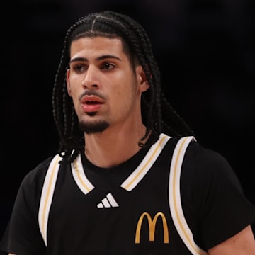 Apr 1, 2025; Brooklyn, NY, USA; McDonald's All American East forward Shon Abaev (1) stands on the court during the first half of the game against McDonald's All American West at Barclays Center. Mandatory Credit: Pamela Smith-Imagn Images