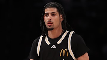 Apr 1, 2025; Brooklyn, NY, USA; McDonald's All American East forward Shon Abaev (1) stands on the court during the first half of the game against McDonald's All American West at Barclays Center. Mandatory Credit: Pamela Smith-Imagn Images