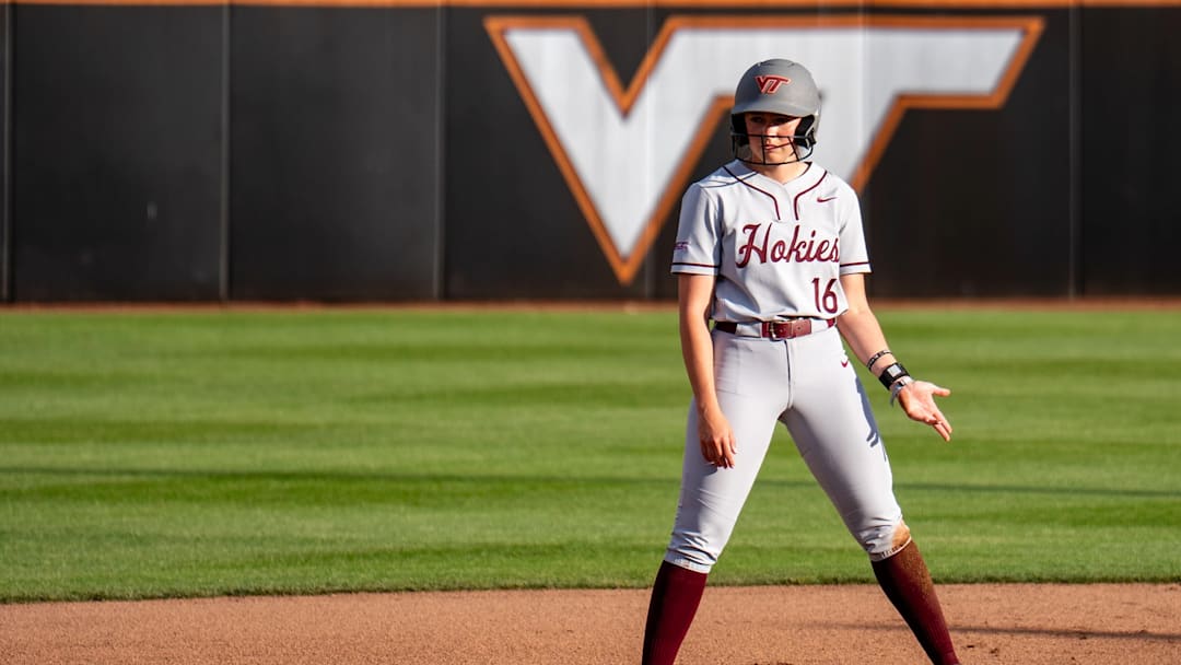 Jordan Lynch stands on second at Tech Softball Park in game one of the weekend series against Clemson. (4/2/26)