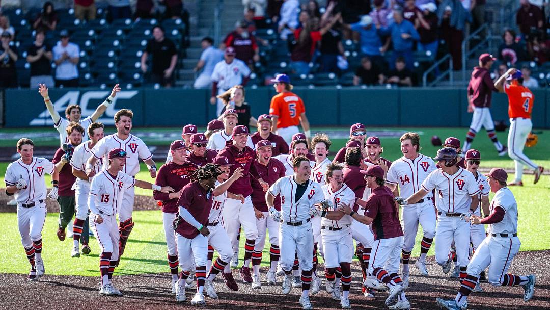 Blacksburg, VA — Virginia Tech Baseball celebrates its walk-off win against Clemson in game two, 2026.