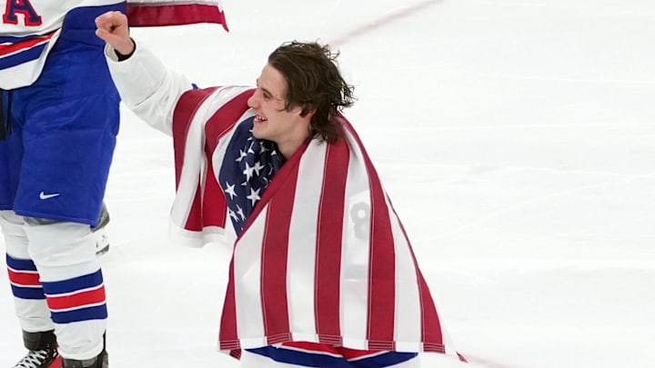 Jack Hughes of the United States celebrates after winning the men's ice hockey gold medal during the Milano Cortina 2026 Olympic Winter Games: James Lang-Imagn Images