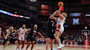 Nebraska basketball's Alexis Markowski (right) shoots the ball against Omaha.