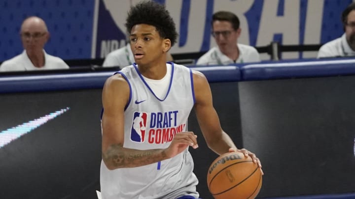 May 14, 2024; Chicago, IL, USA; AJ Johnson (1) participates during the 2024 NBA Draft Combine  at Wintrust Arena. Mandatory Credit: David Banks-USA TODAY Sports