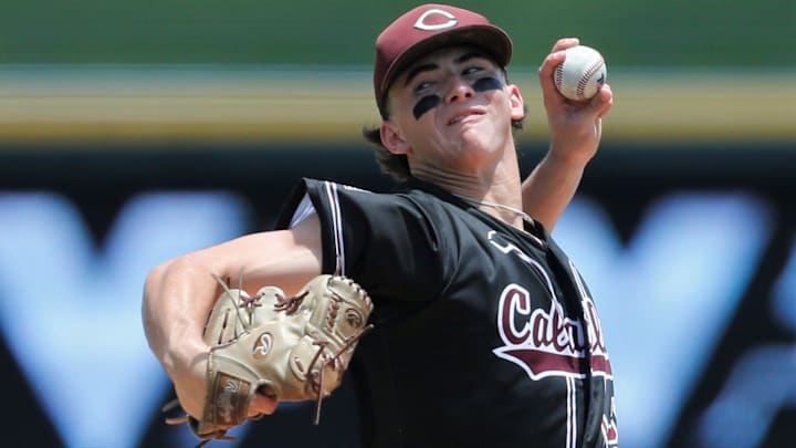 Calallen's Drayton Mitchell pitches against Texarkana Pleasant Grove in the Class 4A Division I baseball state championship Friday, June 6, 2025, at Dell Diamond in Round Rock. Mitchell was named Class 4A Division 1 finals MVP and 4A DI all-tournament MVP by the UIL. Calallen's Drayton Mitchell pitches against Texarkana Pleasant Grove in the Class 4A Division I baseball state championship Friday, June 6, 2025, at Dell Diamond in Round Rock. Mitchell was named Class 4A Division 1 finals MVP and 4A DI all-tournament MVP by the UIL.