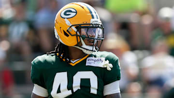 Green Bay Packers safety Omar Brown (40) pictured during the sixth day of training camp on July 29, 2025, at Ray Nitschke Field in Ashwaubenon, Wis.